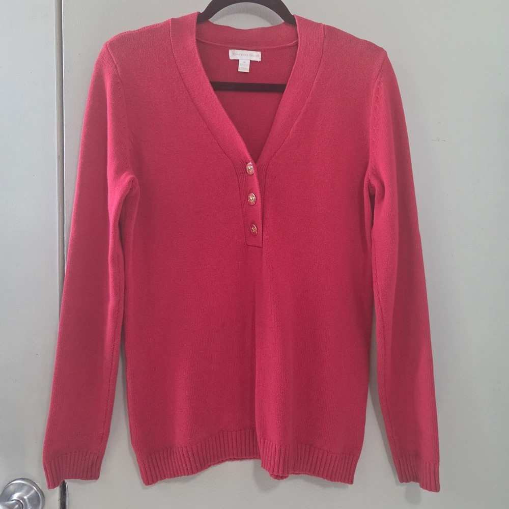 Charter Club M Red Henley Sweater Gold Button Old Money Preppy Country Club